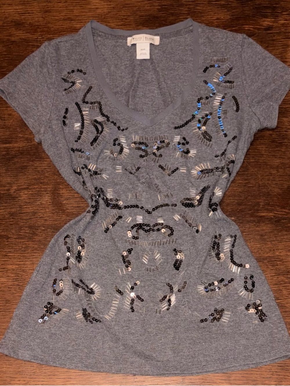 White House Black Market Gray Embellished V-Neck Top